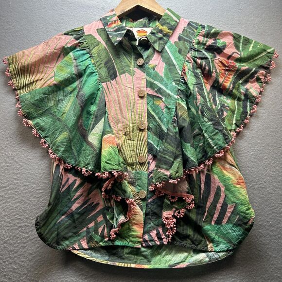 Farm Rio Shirt Womens Small Pink Green Tropical Leaf Ruffle Pom Pom Button Boho - Picture 1 of 9